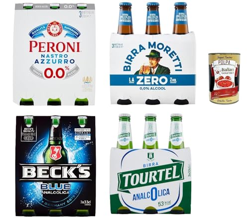 Testpalet Italienische Biere Peroni Nastro azzurro zero und Moretti zero Becks Tourtel alkoholfrei Flaschen Bier 0% Alk. 12x 0,33l Flasche + Italian Gourmet polpa 400g von Italian Gourmet E.R.