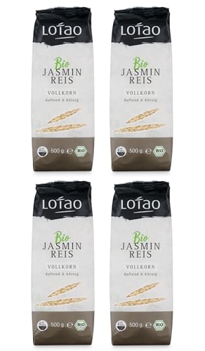 Lotao Bio-Jasmin Reis Vollkorn (4x 500g) | Reis-Klassiker im Vorteilspack | körnig, duftig & nussiger Geschmack, vielseitig einsetzbar | nachhaltig, vegane und vegetraische Küche, hochwertig von Lotao