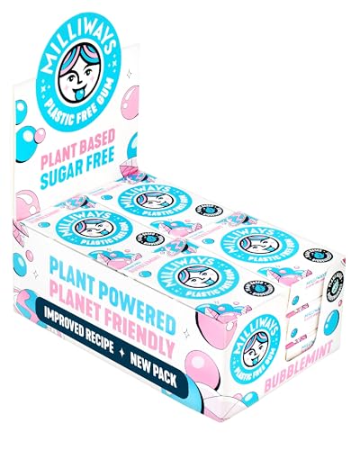 Milliways Super Natural Gum - Bubblemint Kaugummi | 12 Packungen mit je 10 Stück (insgesamt 120 Stück) | pflanzliches, Xylitol, plastikfreies, zuckerfreies, Aspartamfreies Gummi von Milliways