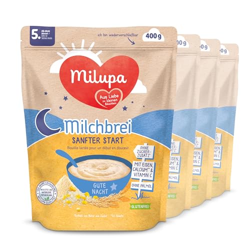 Milupa Milchbrei Sanfter Start – Glutenfreier Babybrei ohne Palmöl – Frei von Konservierungs- und Farbstoffen – Ab dem 5. Monat – 4 x 400 g von Milupa