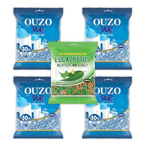 Lavdas Ouzo Pops & Eukalyptus Menthol Honey Bonbons (4 x 130g Ouzo, 1 x 130g Eukalyptus Honig) mit Gratis Araxxon Olivenöl aus Sparta (20ml) - Griechische Süßigkeiten Geschenk von Λάβδας