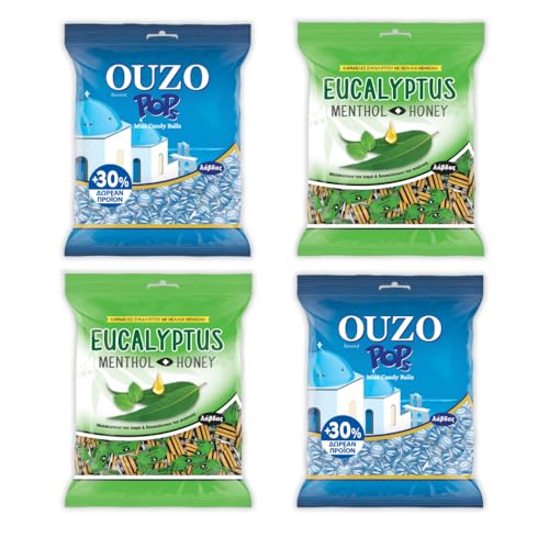 Ouzo Pops Lavdas 2 x (130g), Eukalyptus Menthol Honig 2 x (130g) Bonbons Araxxon Multipack + Gratis Araxxon Olivenöl aus Sparta (20ml) von Λάβδας