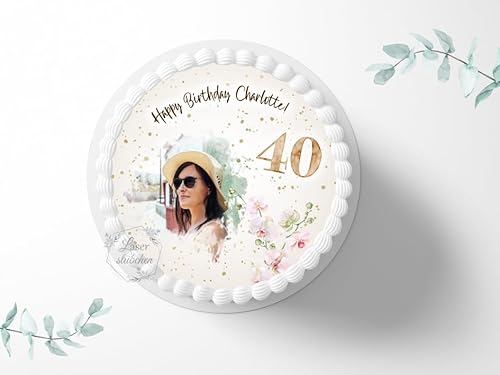 Tortenaufleger Blumen personalisierbar mit Bild zum Geburtstag, ⌀20cm Zuckerbild, Foto für Torten, Fondant 3056G von "