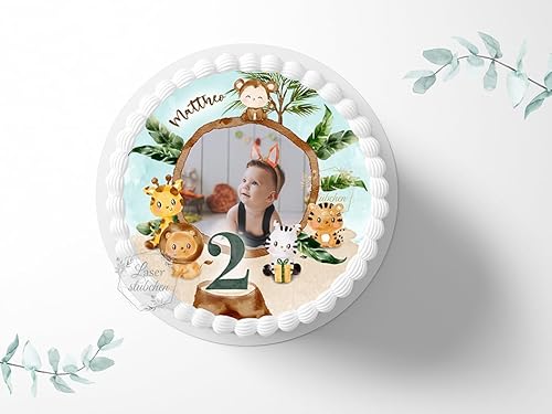 Tortenaufleger Dschungeltiere mit Foto personalisierbar zum Geburtstag, ⌀20cm Zuckerbild, Foto für Torten, Fondant 3049G von "