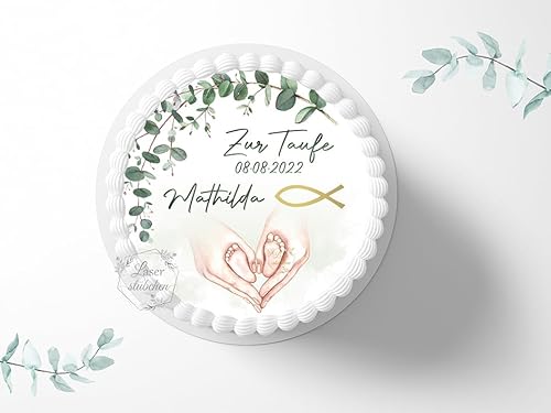 Tortenaufleger Füßchen Herz personalisierbar zur Taufe, ⌀20cm Zuckerbild, Foto für Torten, Fondant 5008T von "