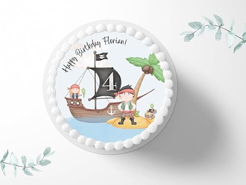 Tortenaufleger Pirat auf Schatzinsel personalisierbar zum Geburtstag, ⌀20cm Zuckerbild, Foto für Torten, Fondant 3007G von "