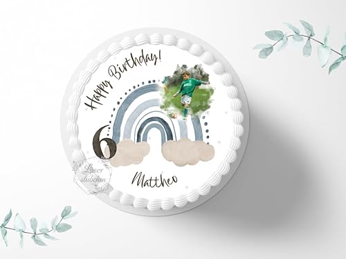 Tortenaufleger Regenbogen Boho blau personalisierbar mit Bild zum Geburtstag, ⌀20cm Zuckerbild, Foto für Torten, Fondant 3036G von "