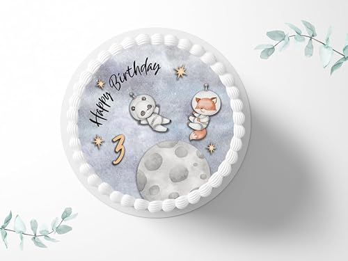 Tortenaufleger Tiere im Weltall personalisierbar zum Geburtstag, ⌀20cm Zuckerbild, Foto für Torten, Fondant 3004G von "