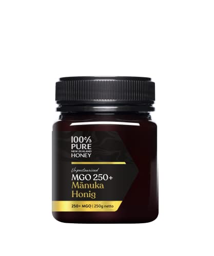 100% Pure Manuka Honig MGO 250+ - Rohhonig hergestellt und abgefüllt in Neuseeland mit zertifiziertem Methylglyoxal Gehalt - Natürlicher Immunsystem-Booster - 250g von 100% Pure New Zealand Honey