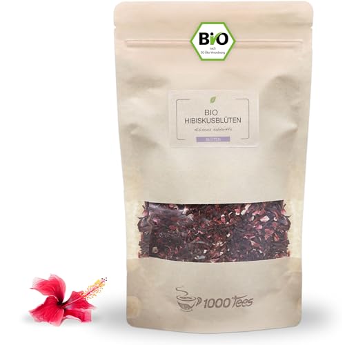 Hibiskustee Bio | Getrocknete Hibiskusblüten Lose | 125g | Fruchtig, Säuerlich | Kontrolliert & Abgefüllt in Deutschland | Ganze Hibiscus Blüten für Tee & Kuchen | Hibiskusblütentee von 1000tees