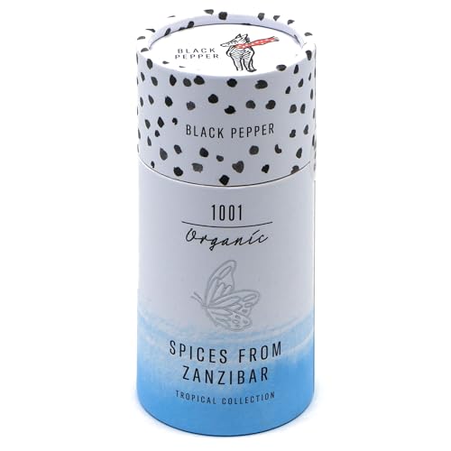 1001 Organic schwarzer Pfeffer 50g, frische Pfefferkörner aus den tropischen Wäldern Sansibars, Gewürze Pepper Schwarz ungemahlen grob ganz, mahlbar für Gewürzmühle Pfeffermühle von 1001 Organic