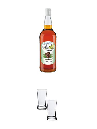 Alpenschnaps Zirbe Zirbenliqueur 1,0 Liter + Stölzle Shotglas/Stamper 2 Stück 2050021 von 1a Schiefer