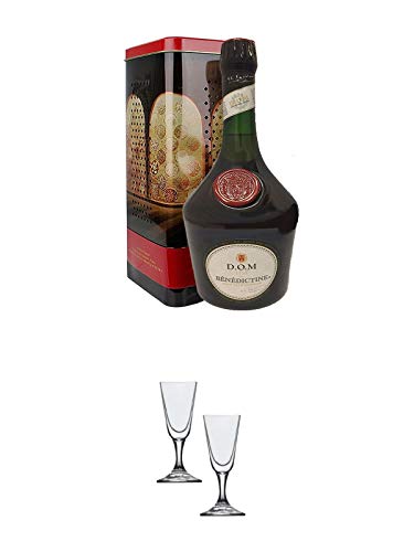 Benedictine Dom Likör mit Geschenkverpackung 0,7 Liter + Stölzle Likörglas/Stamper LANG 2 Stück 3030030 von 1a Schiefer