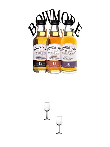 Bowmore Distillers Collection in Geschenkpackung 3 x 5 cl + Nosing Gläser Kelchglas Bugatti mit Eichstrich 2cl und 4cl - 2 Stück von 1a Schiefer