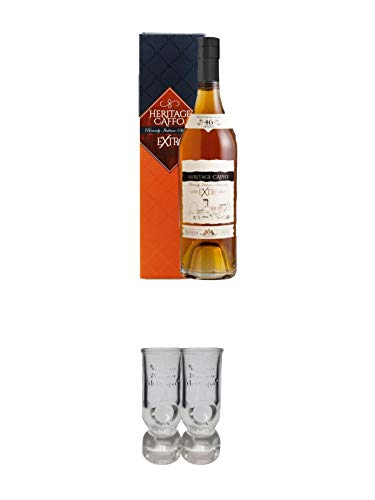 Brandy 1970 Riserva Heritage Caffo 42% 0,75 Liter + Caffo Shot Gläser mit Eichstrich 2 Stück von 1a Schiefer