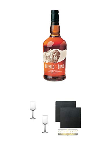 Buffalo Trace Bourbon Whiskey 1,0 Liter + Nosing Gläser Kelchglas Bugatti mit Eichstrich 2cl und 4cl - 2 Stück + Schiefer Glasuntersetzer eckig ca. 9,5 cm Ø 2 Stück von 1a Schiefer