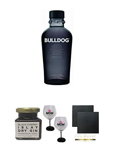 Bulldog London Gin 0,7 Liter + Islay Dry Gin Black Cherry Sauerkirsche Marmelade 150 Gramm + MOM Ballon Glas 2 Stück + Schiefer Glasuntersetzer eckig ca. 9,5 cm Ø 2 Stück von 1a Schiefer