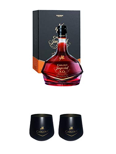 Carlos I Imperial 15 Jahre spanischer Brandy in GP 0,7 Liter + Carlos I Glas -schwarz- + Carlos I Glas -schwarz- von 1a Schiefer