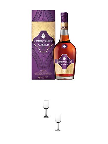 Courvoisier VSOP Fine Champagne 0,7 Liter + Nosing Gläser Kelchglas Bugatti mit Eichstrich 2cl und 4cl - 2 Stück von 1a Schiefer