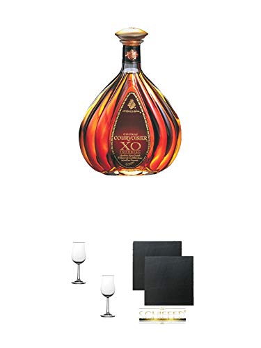 Courvoisier XO 0,7 Liter + Nosing Gläser Kelchglas Bugatti mit Eichstrich 2cl und 4cl - 2 Stück + Schiefer Glasuntersetzer eckig ca. 9,5 cm Ø 2 Stück von 1a Schiefer