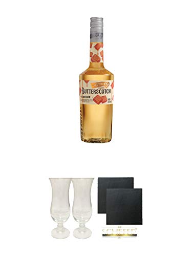 De Kuyper Butterscotch Likör 0,7 Liter + De Kuyper Cocktailglas 2 Stück + Schiefer Glasuntersetzer eckig ca. 9,5 cm Ø 2 Stück von 1a Schiefer