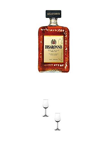 Disaronno Amaretto Likör 1,0 Liter + Nosing Gläser Kelchglas Bugatti mit Eichstrich 2cl und 4cl - 2 Stück von 1a Schiefer