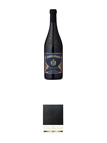 Doppio Passo Primitivo GASTROEDITION blaues Etikett IGT 13% 0,75 Liter + Schiefer Glasuntersetzer eckig ca. 9,5 cm Durchmesser von 1a Schiefer