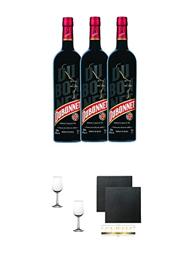 Dubonnet Pastis de Marseille Frankreich 3 x 0,7 Liter + Nosing Gläser Kelchglas Bugatti mit Eichstrich 2cl und 4cl - 2 Stück + Schiefer Glasuntersetzer eckig ca. 9,5 cm Ø 2 Stück von 1a Schiefer