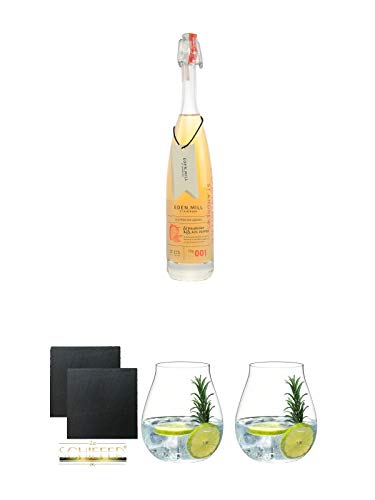 Eden Mill Gin Likör Strawberry & Black Pepper Schottland 0,35 Liter + Schiefer Glasuntersetzer eckig ca. 9,5 cm Ø 2 Stück + Gin Tonic Glas - 5414/67 + Gin Tonic Glas - 5414/67 von 1a Schiefer