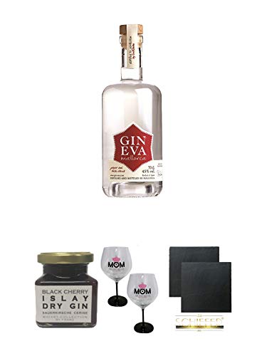 Eva Gin Mallorca 0,7 Liter + Islay Dry Gin Black Cherry Sauerkirsche Marmelade 150 Gramm + MOM Ballon Glas 2 Stück + Schiefer Glasuntersetzer eckig ca. 9,5 cm Ø 2 Stück von 1a Schiefer