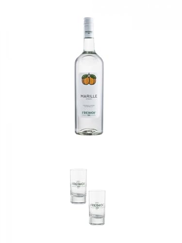 Freihof 1885 Marillen Schnaps 38% 1,0 Liter + Freihofs Shot Glas 4cl 2 Stück von 1a Schiefer