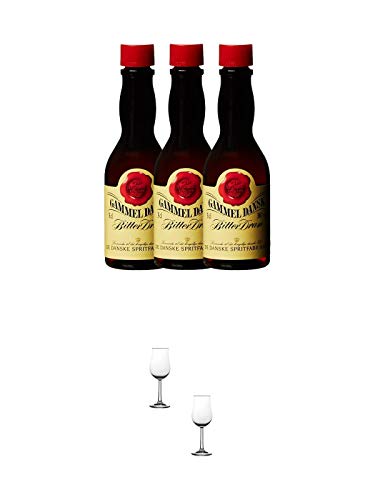 Gammel Dansk Bitter Dram aus Dänemark 3 x 0,03 Liter Minis + Nosing Gläser Kelchglas Bugatti mit Eichstrich 2cl und 4cl - 2 Stück von 1a Schiefer