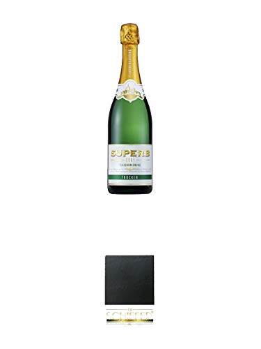 Geldermann SUPERB Sekt - Trocken - Deutschland 0,75 Liter + Schiefer Glasuntersetzer eckig ca. 9,5 cm Durchmesser von 1a Schiefer