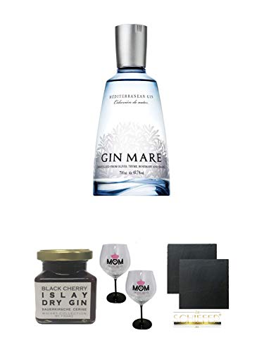 Gin Mare aus Spanien 0,7 Liter + Islay Dry Gin Black Cherry Sauerkirsche Marmelade 150 Gramm + MOM Ballon Glas 2 Stück + Schiefer Glasuntersetzer eckig ca. 9,5 cm Ø 2 Stück von 1a Schiefer