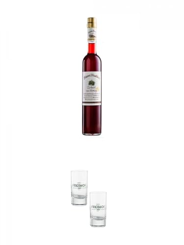 Hauser Tradition Zirberl Honig Likör 0,7 Liter + Freihofs Shot Glas 4cl 2 Stück von 1a Schiefer