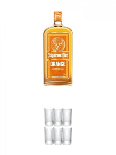 Jägermeister Orange 33% Deutschland 1,0 Liter + Jägermeister Frozen Club Shot Glas 2 cl 6er Set von 1a Schiefer