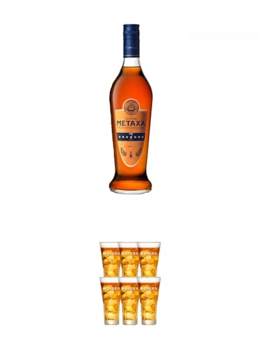 Metaxa 7* Sterne Weinbrand Brandy 1,0 Liter + Metaxa SPYROS mit Eichstrich 2cl und 4cl 6 x Gläser von 1a Schiefer