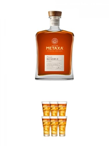 Metaxa PRIVATE RESERVE 0,7 Liter + Metaxa SPYROS mit Eichstrich 2cl und 4cl 6 x Gläser von 1a Schiefer