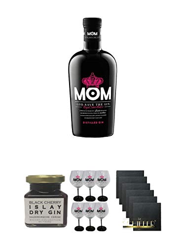 Mom God Save the Gin England 0,7 Liter + Islay Dry Gin Black Cherry Sauerkirsche Marmelade 150 Gramm + MOM Ballon Glas 6 Stück + Schiefer Glasuntersetzer eckig 6 x ca. 9,5 cm Durchmesser von 1a Schiefer