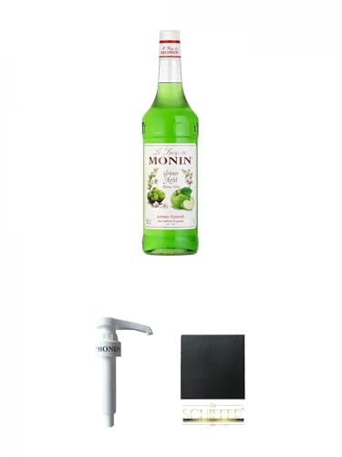 Monin Apfel Grün Sirup 1,0 Liter + Monin Dosier Pumpe für 1,0 Literflasche + Schiefer Glasuntersetzer eckig ca. 9,5 cm Durchmesser von 1a Schiefer