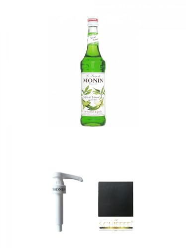 Monin Grüne Banane 0,7 Liter + Monin Dosier Pumpe für 0,7 Literflasche + Schiefer Glasuntersetzer eckig ca. 9,5 cm Durchmesser von 1a Schiefer