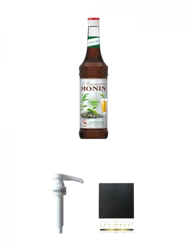 Monin Grüner Tee Sirup 0,7 Liter + Monin Dosier Pumpe für 0,7 Literflasche + Schiefer Glasuntersetzer eckig ca. 9,5 cm Durchmesser von 1a Schiefer