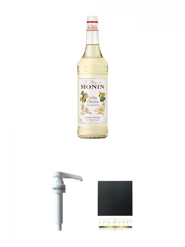 Monin weiße Schokolade 1,0 Liter + Monin Dosier Pumpe für 1,0 Literflasche + Schiefer Glasuntersetzer eckig ca. 9,5 cm Durchmesser von 1a Schiefer