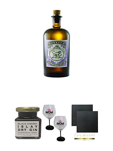 Monkey 47 Schwarzwald Dry Gin 0,5 Liter + Islay Dry Gin Black Cherry Sauerkirsche Marmelade 150 Gramm + MOM Ballon Glas 2 Stück + Schiefer Glasuntersetzer eckig ca. 9,5 cm Ø 2 Stück von 1a Schiefer