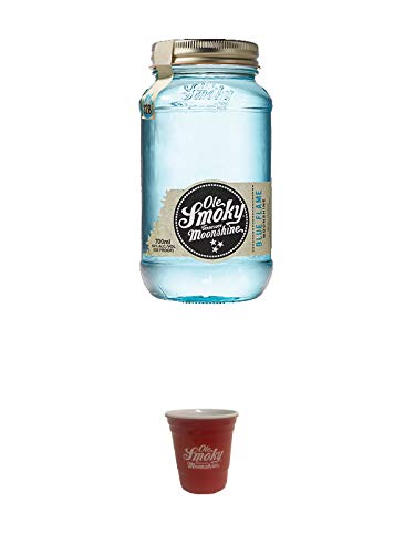 Ole Smoky Moonshine Blue Flame (128 proof) 0,7 Liter MAGNUM + Ole Smoky Shot Becher rot 1 Stück von 1a Schiefer