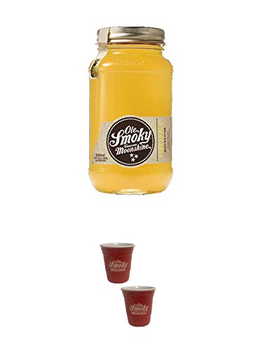 Ole Smoky Moonshine Pineapple 20% im 0,5 Liter Glas + Ole Smoky Shot Becher rot 2 Stück von 1a Schiefer