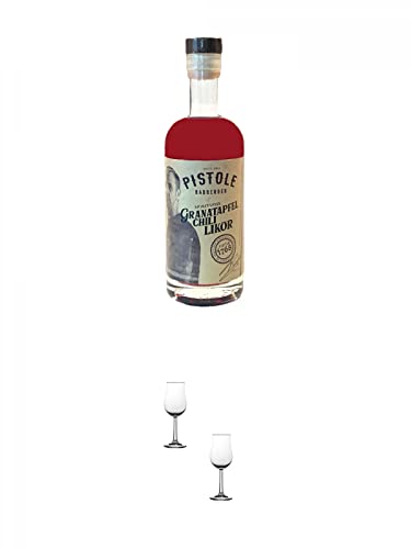 Pistole Granatapfel-Chili Likör 18% 0,5 Liter + Nosing Gläser Kelchglas Bugatti mit Eichstrich 2cl und 4cl - 2 Stück von 1a Schiefer