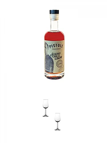 Pistole Schoko-Chili Likör 18% 0,5 Liter + Nosing Gläser Kelchglas Bugatti mit Eichstrich 2cl und 4cl - 2 Stück von 1a Schiefer