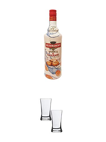 Rushkinoff Vodka & Caramel 0,7 Liter + Stölzle Shotglas/Stamper 2 Stück 2050021 von 1a Schiefer