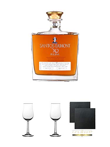 Santos Dumont Rum XO 0,7 Liter + Nosing Gläser Kelchglas Bugatti mit Eichstrich 2cl und 4cl 2 Stück + Schiefer Glasuntersetzer eckig ca. 9,5 cm Ø 2 Stück von 1a Schiefer